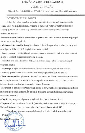 Anunț cu măsuri de prevenire la incendii si alte accidente specifice activităților din weekendul 1Mai